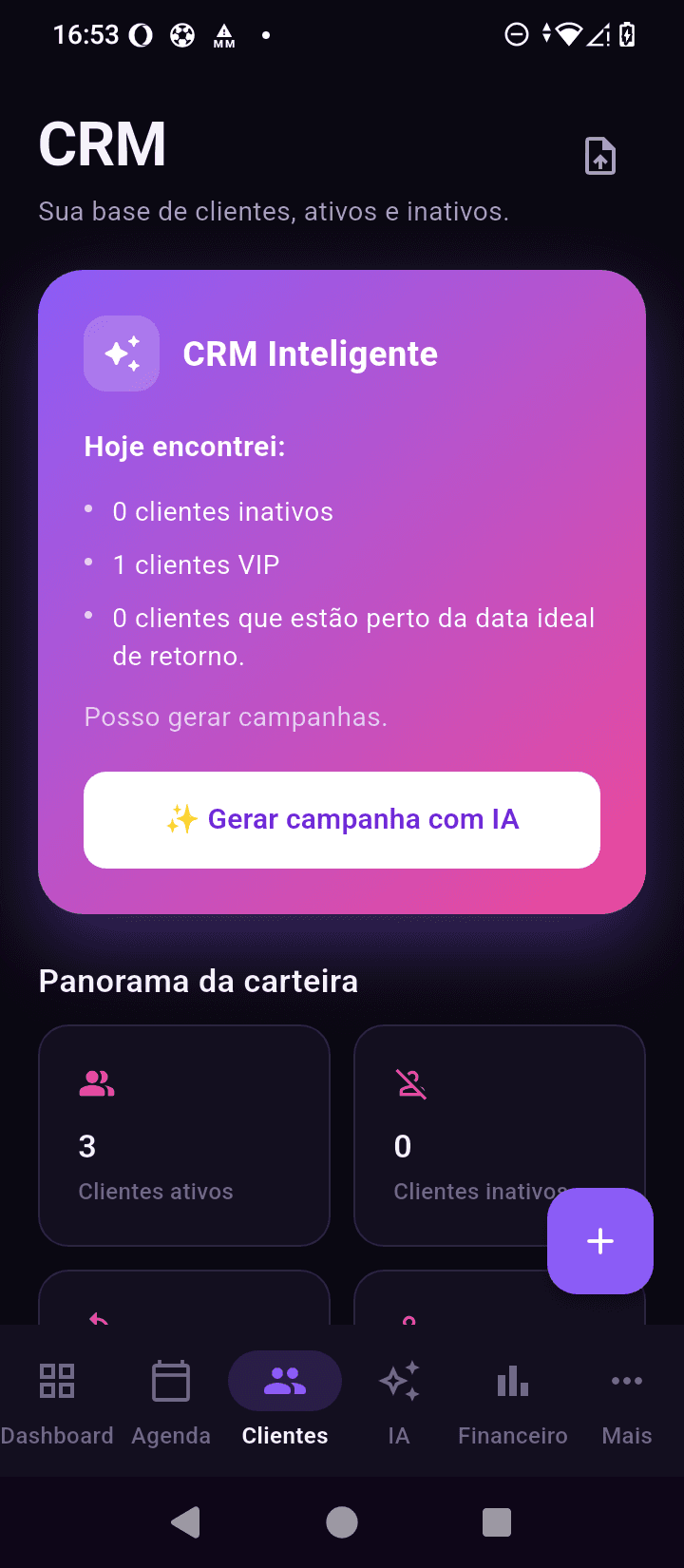Tela CRM de Clientes do NinaOS